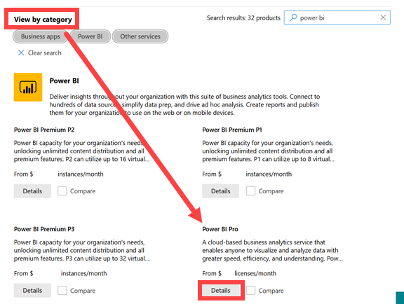 Screenshot of the Power BI options for Purchase services.