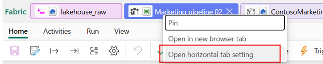 Screenshot of the horizontal tab settings menu.