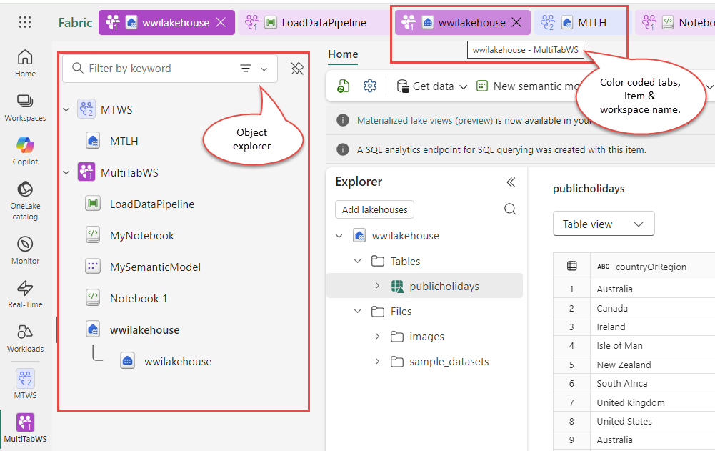 Screenshot of the object explorer and multiple tabs to quickly locate and open resources.