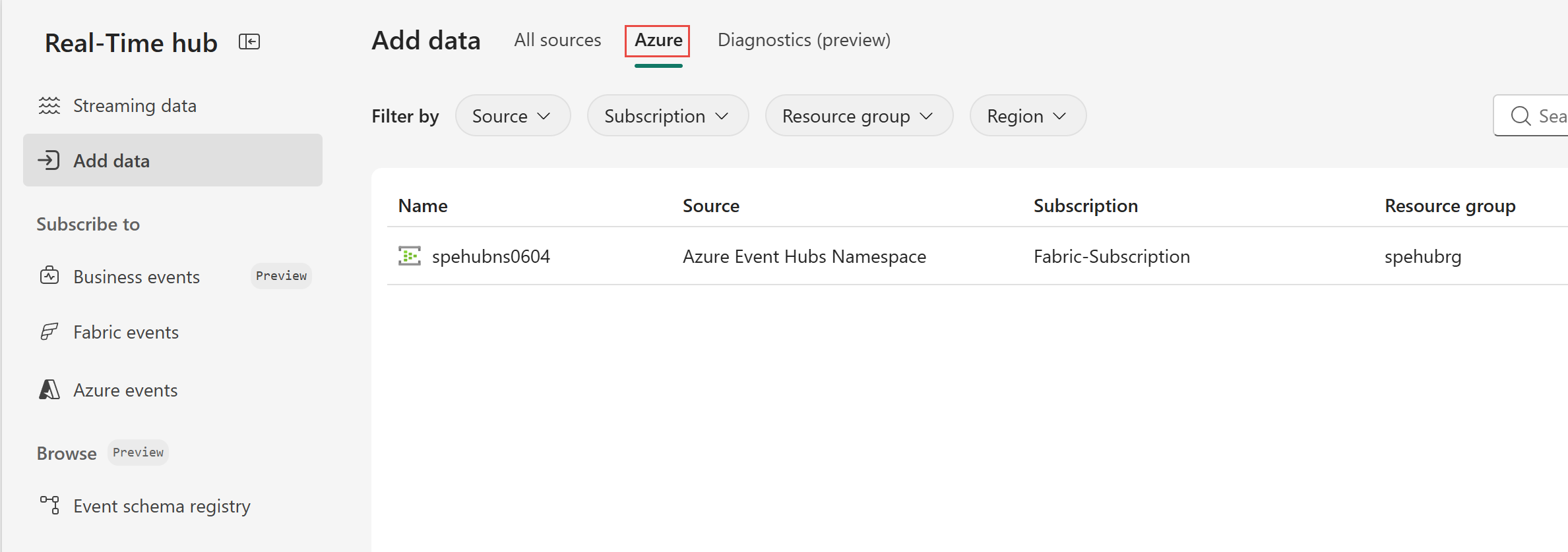 Screenshot that shows how to switch to the Azure tab on the Add data page.
