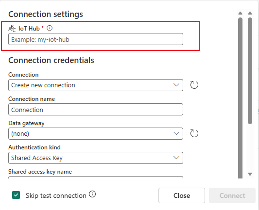 Screenshot that shows the connection settings for the IoT Hub with the name of the IoT Hub.