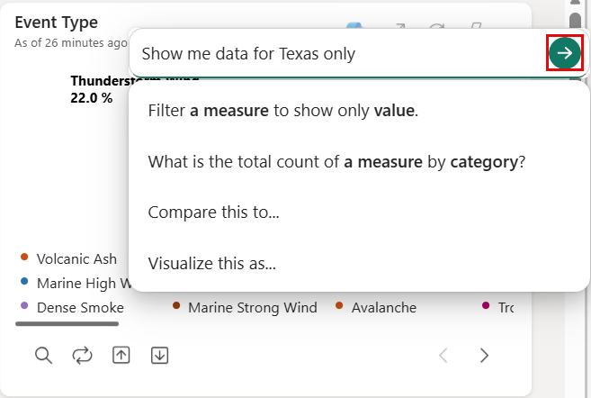 Screenshot of a dashboard tile showing the explore data copilot prompt expanded.