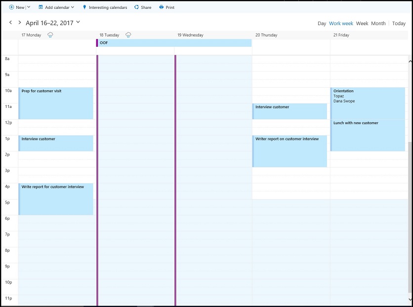 The attendee's work calendar for April 17-21 showing free-busy times The attendee's work calendar for April 17-21 showing free-busy times