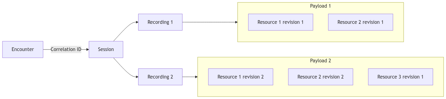 relationships between a session, recordings and payloads