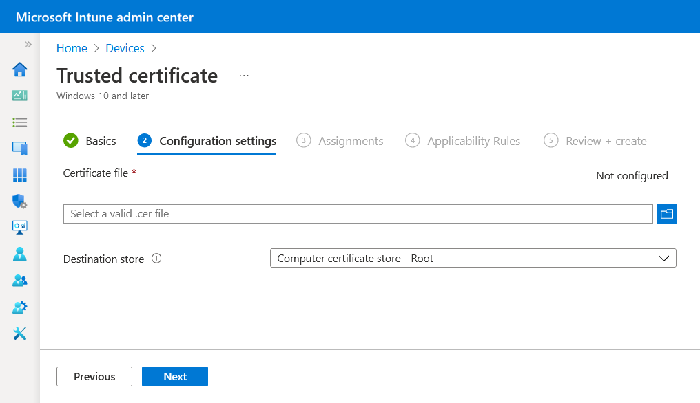 Configuration profile form with certificate upload field and destination store options