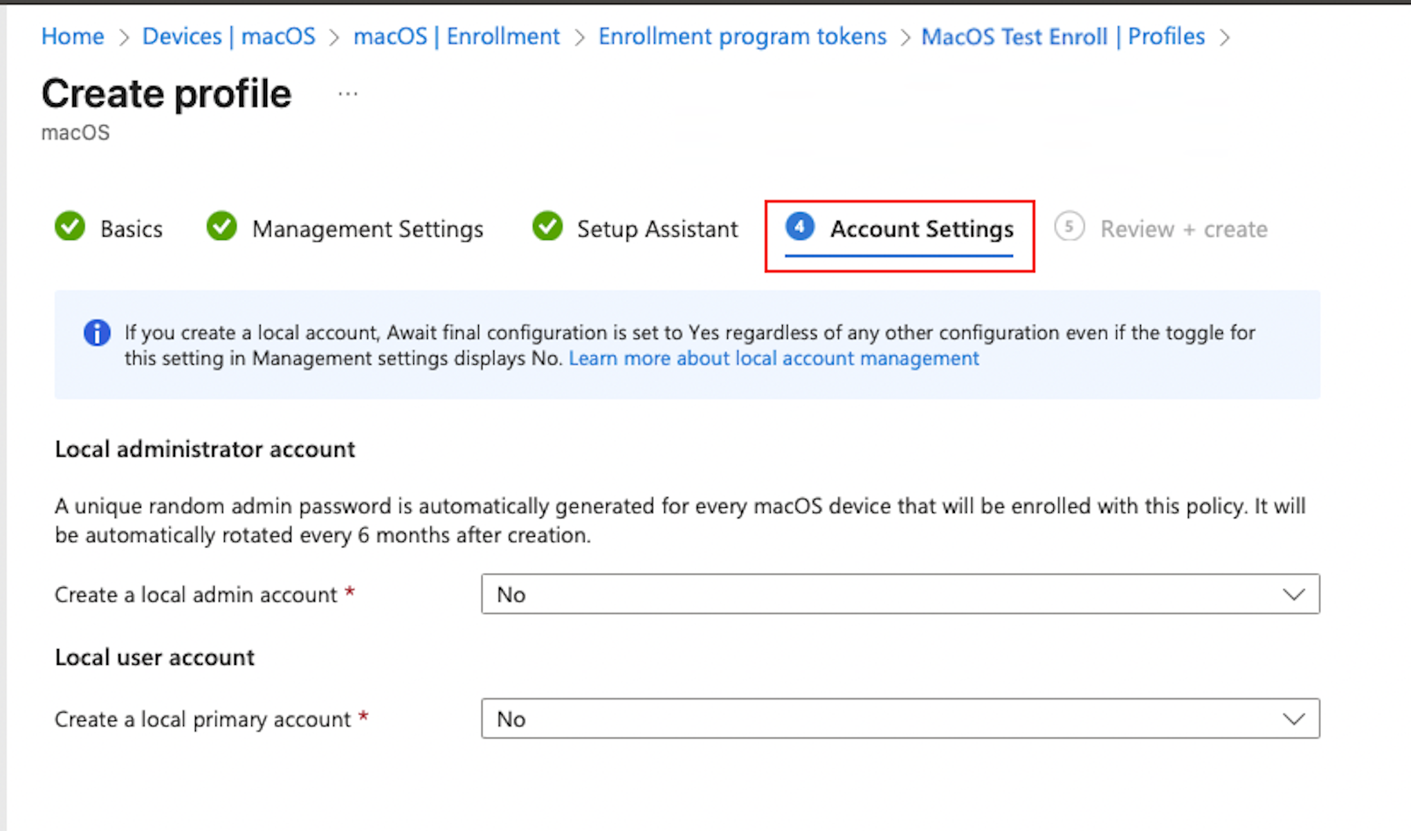 Image of admin center showing new Account settings section in the macOS automated device enrollment policy.