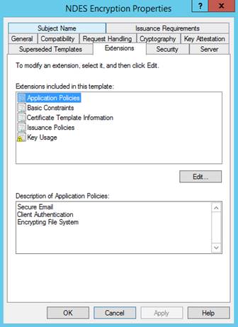 Certificate template Extensions tab showing application policies and key usage settings