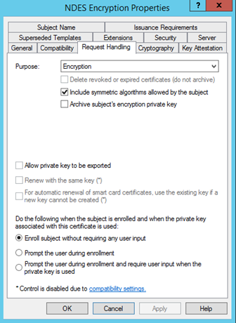 Certificate template Request Handling tab showing purpose and key export settings