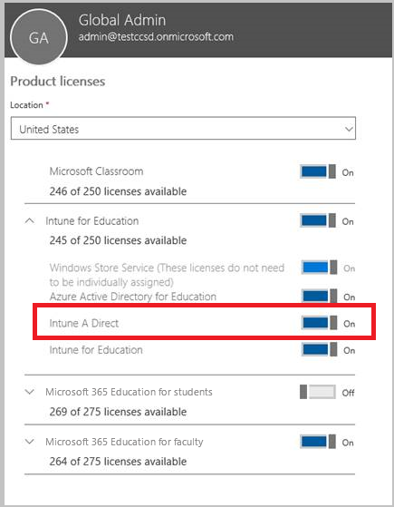 Screenshot of the product license assignment page showing the Intune A Direct license selected.