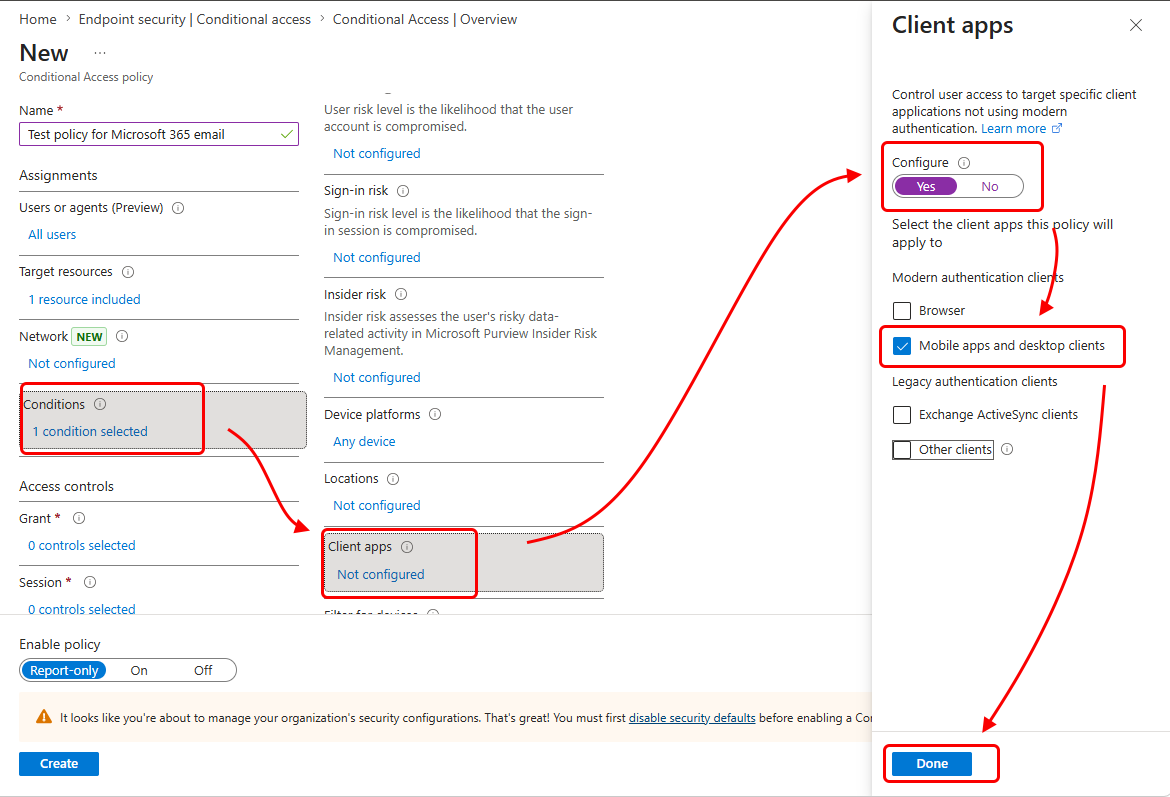 Select apps and clients as conditions for the policy.