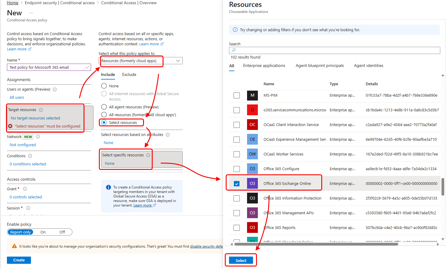 Select Office 365 Exchange Online to add to the policy.