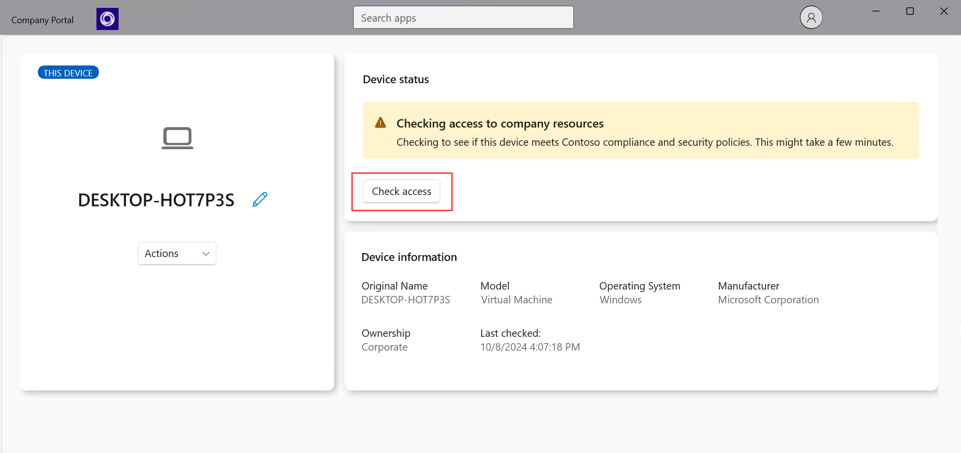 Image of the Company Portal app Devices page highlighting the "Check access" button