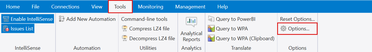 Screenshot of the Options dialog in Kusto.Explorer.