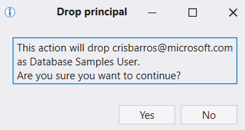 Screenshot of the Drop Principal window showing a confirmation request for removing an authorized principal.