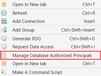 Screenshot of the entity dropdown menu. The option titled Manage Database Authorized Principals is highlighted.