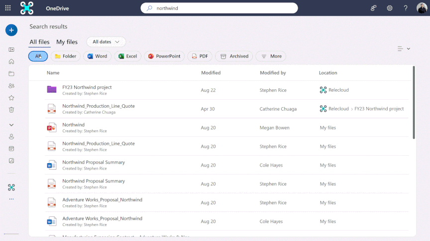 Animated GIF that shows an end user selecting to display archived results in a OneDrive search.