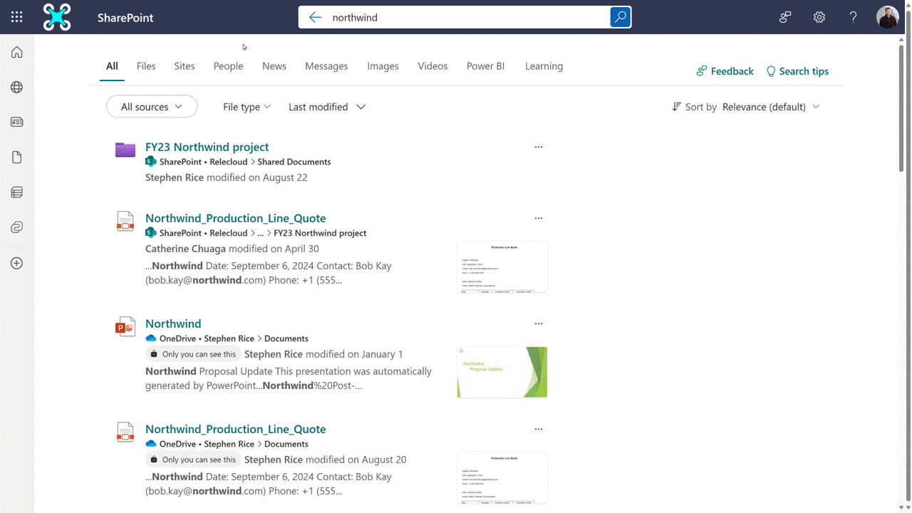 Animated gif of an example archive search in SharePoint search.