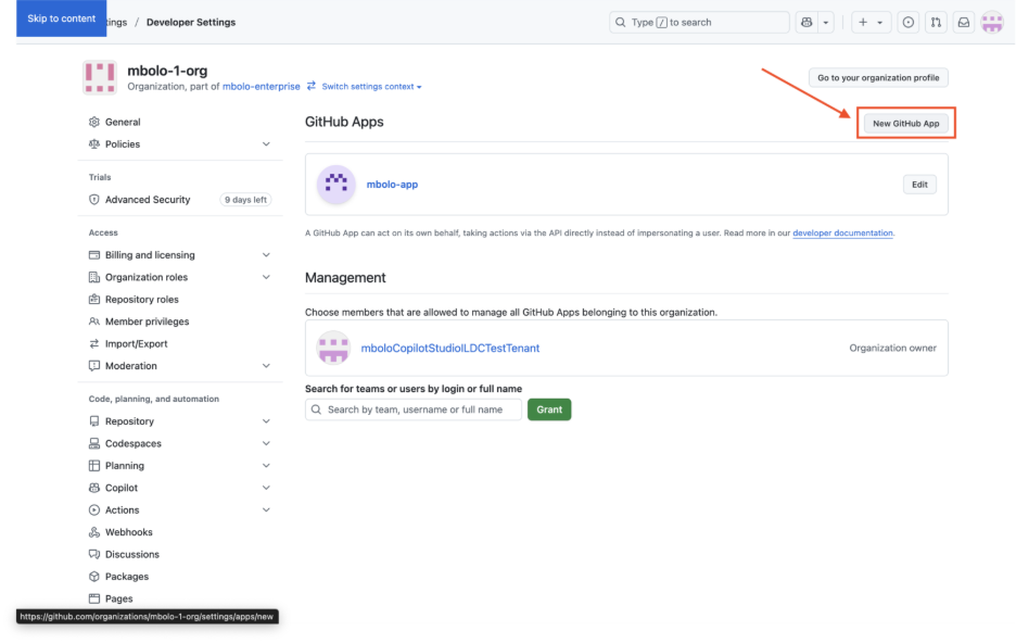 Screenshot of GitHub with New GitHub App highlighted