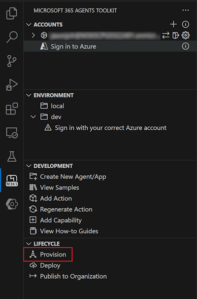 A screenshot of the Provision option in the Lifecycle pane of the Microsoft 365 Agents Toolkit