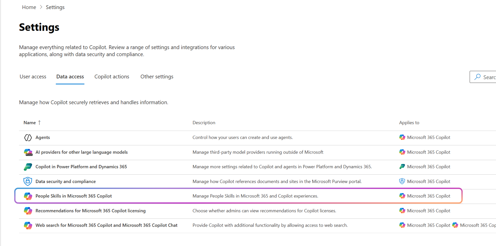 Screenshot displaying the People Skills in Microsoft 365 Copilot option in the Copilot page.