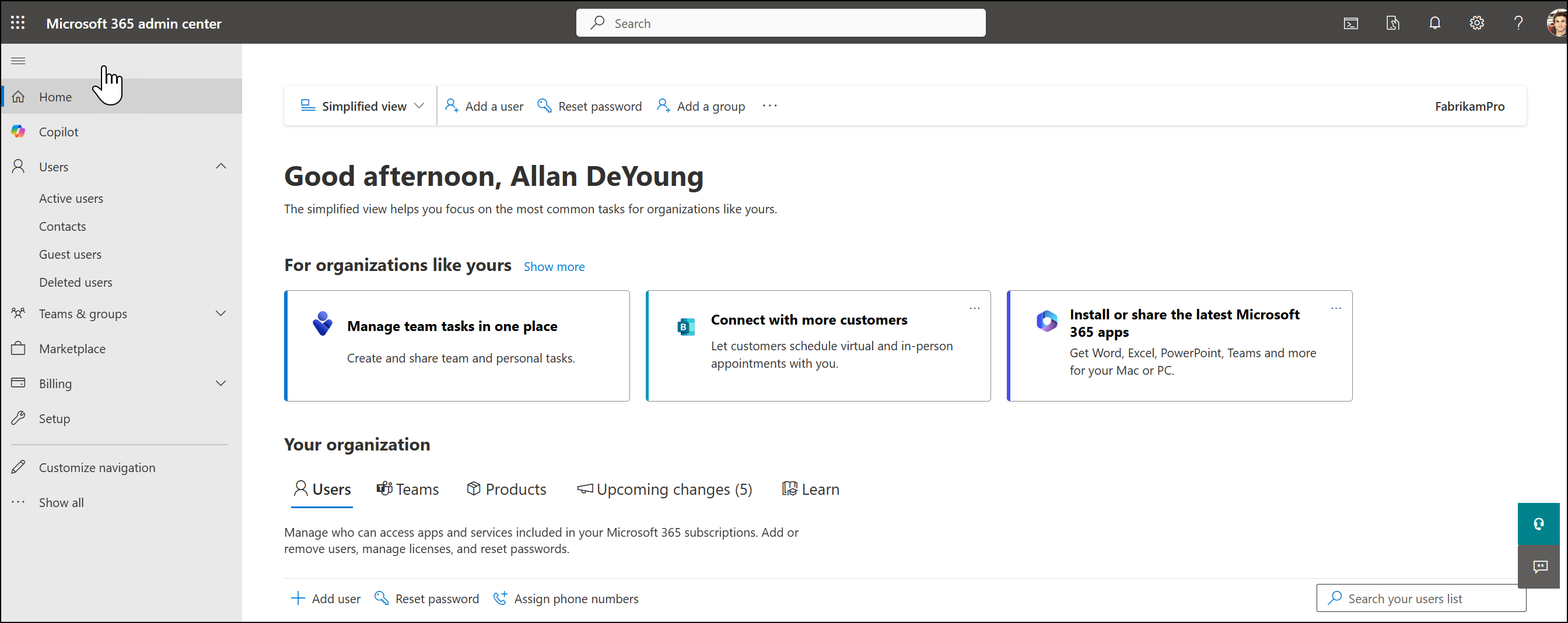 A screenshot of the Simplified view in the Microsoft 365 admin center.