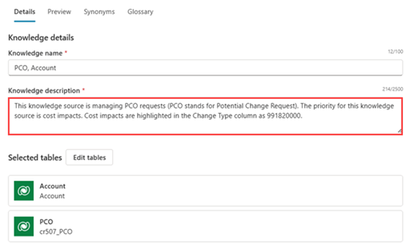 Screenshot of the Details tab for a knowledge source, displaying knowledge name, description, and selected tables.