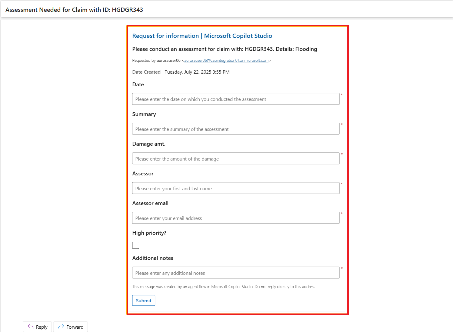 Screenshot of email inputs for Request for information action.