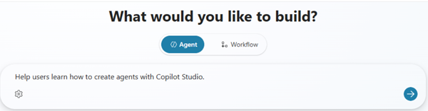 Screenshot of the area where you can describe your agent on the Home page of Copilot Studio.