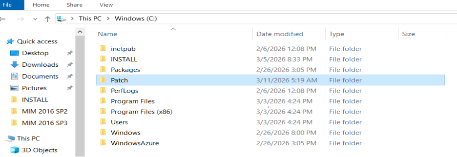 Screenshot of File Explorer showing the C:\Patch folder created on the Windows C: drive.