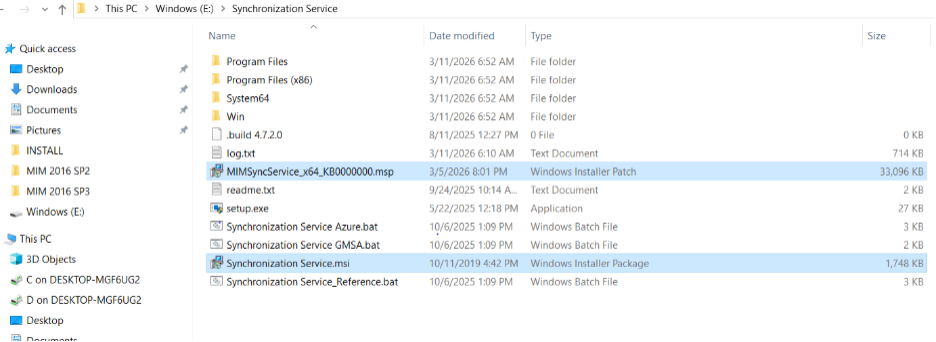 Screenshot of File Explorer showing the E:\Synchronization Service folder with the Synchronization Service.msi file from SP2 and the MIMSyncService_x64 MSP patch file from SP3 both present.