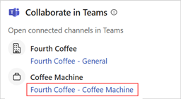 Screenshot of the Collaborate in Teams card in the Sales agent for Outlook, with the deal room channel highlighted.