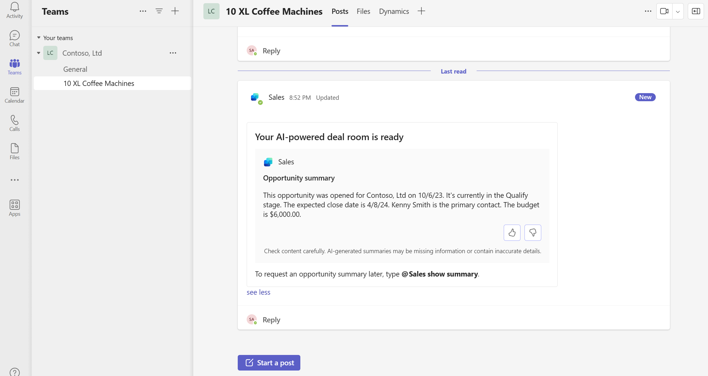 Screenshot of an AI-generated opportunity summary in a deal room channel in Teams.