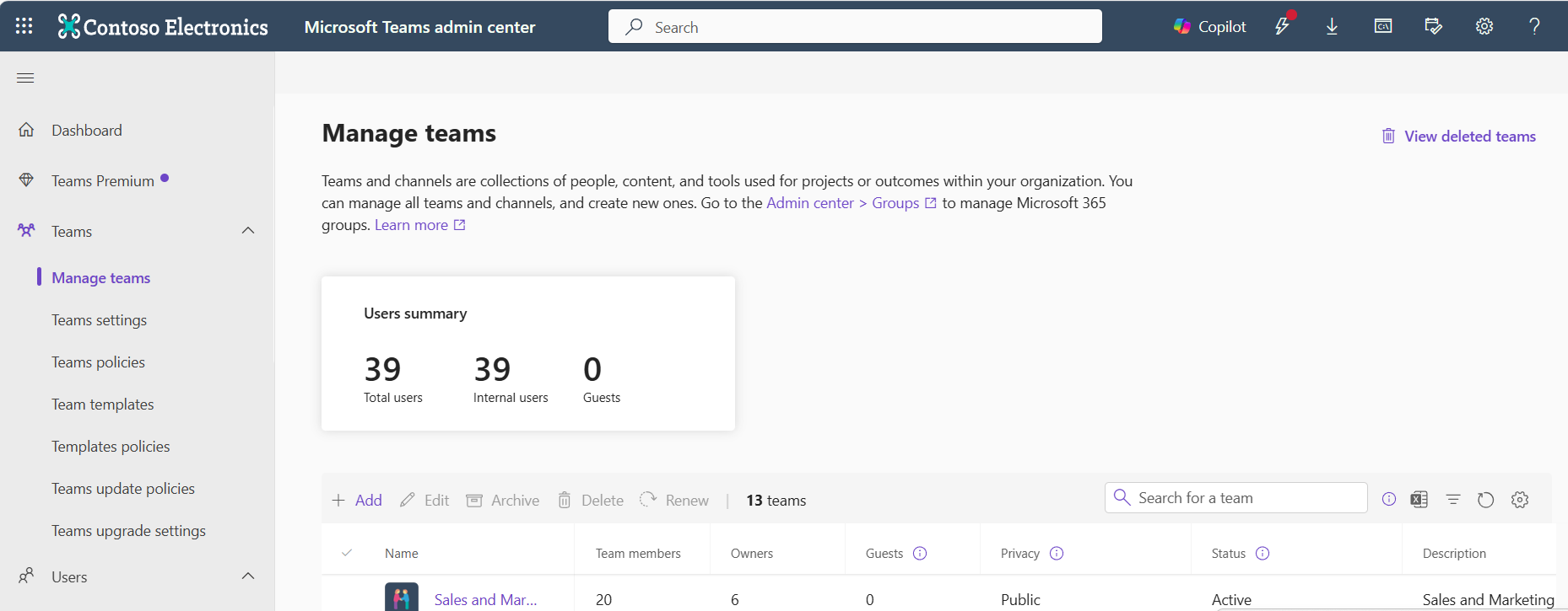 Screenshot of the Manage teams page in the Teams admin center, showing the View deleted teams option.