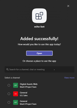 Screenshot of Teams dialog asking how the user would like to use a newly-installed app.