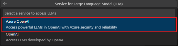 Screenshot shows the options to configure LLM service.
