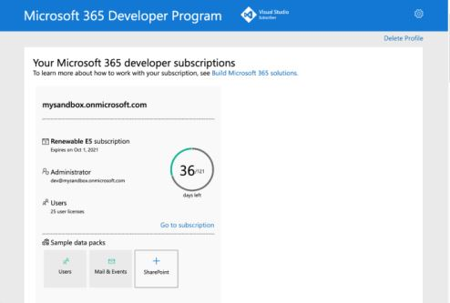 The screenshot displays the Microsoft 365 Developer Program.