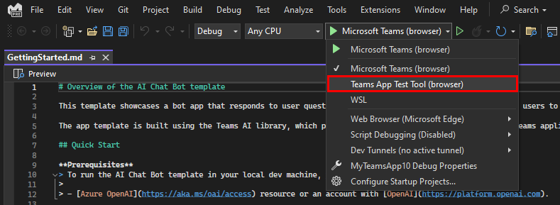 Screenshot shows the option to select the Agents Playground from the dropdown list.