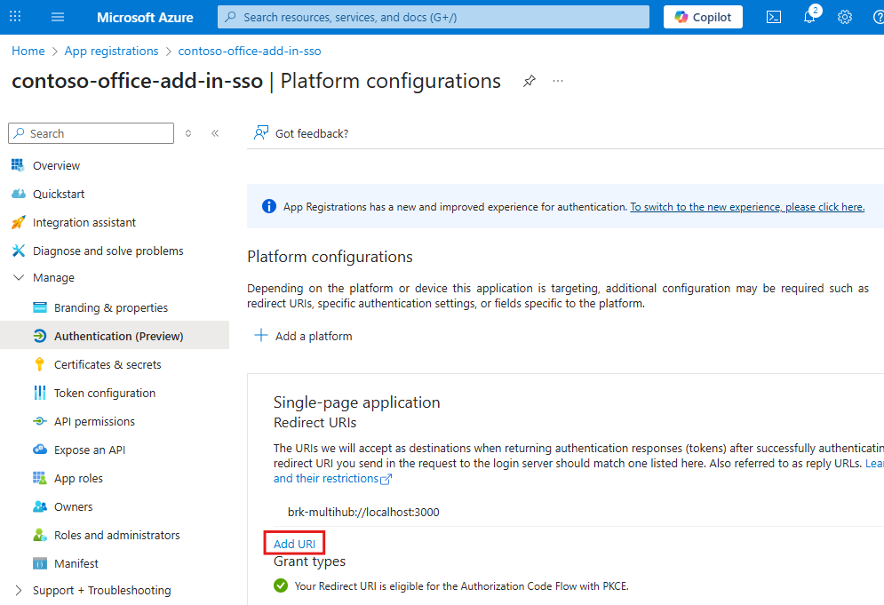 Selecting the add URI option on the Azure app registration page.