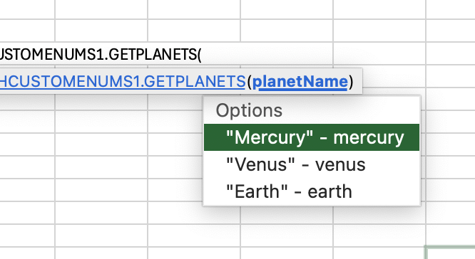 The members of a custom enum displaying in the Excel AutoComplete menu.