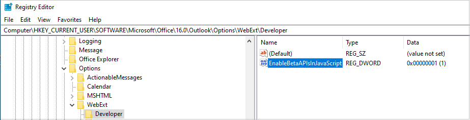 The `EnableBetaAPIsInJavaScript` key is set to 1 in the Registry Editor.