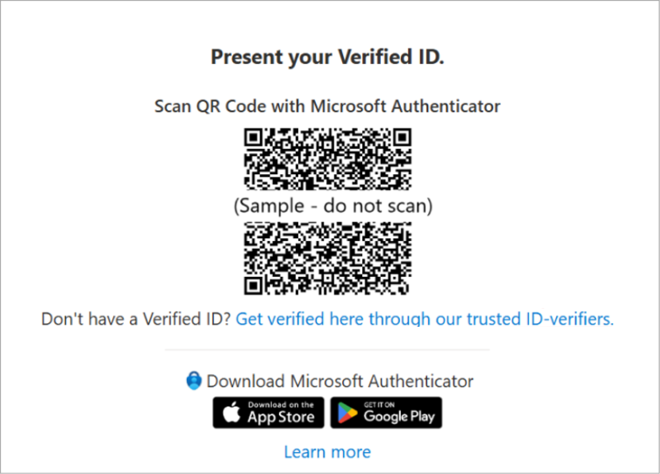 Screenshot showing the QR code to present a verified credential in the legacy experience.