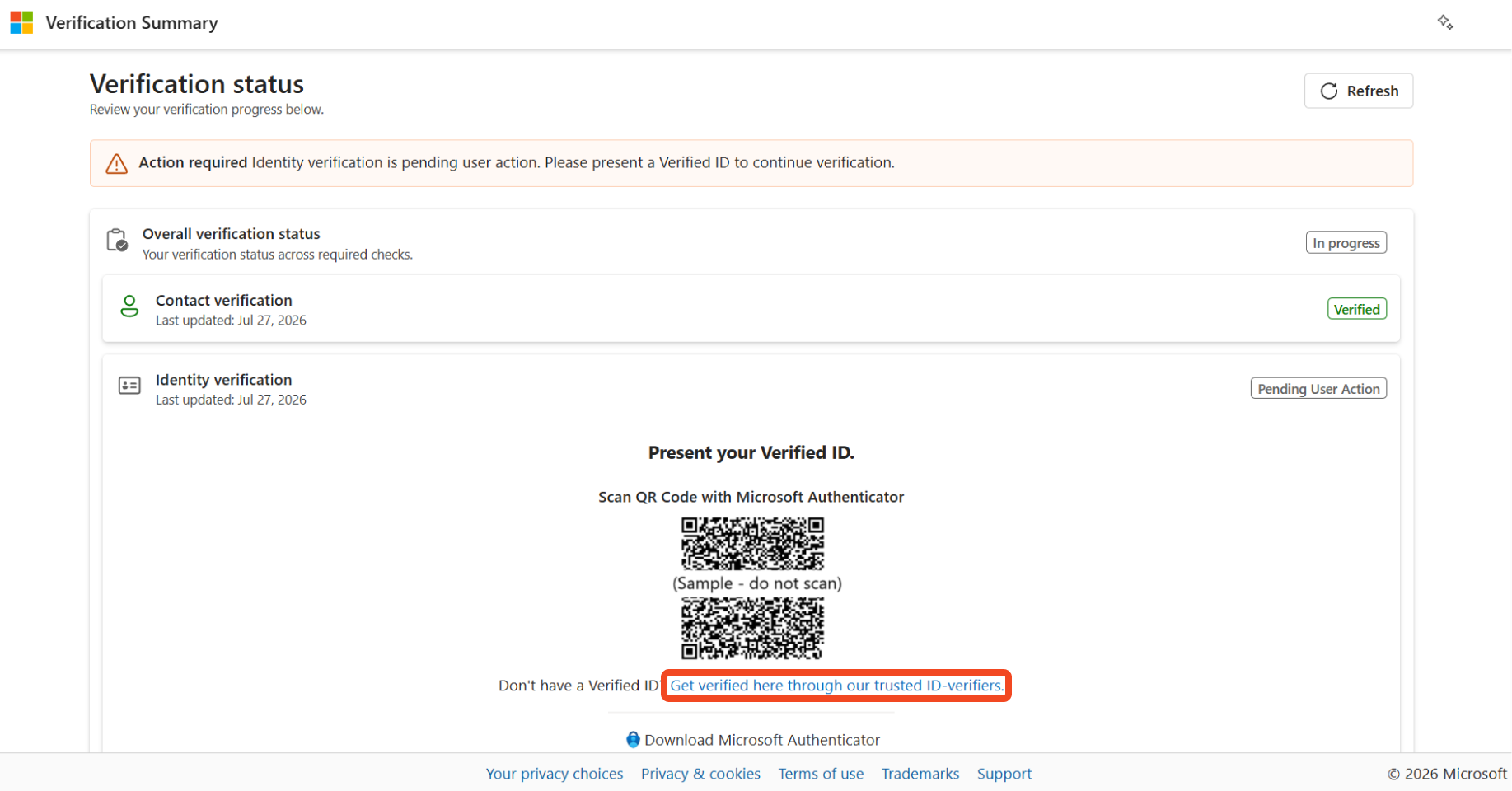 Screenshot showing the Get verified link in the updated Verification Summary page.