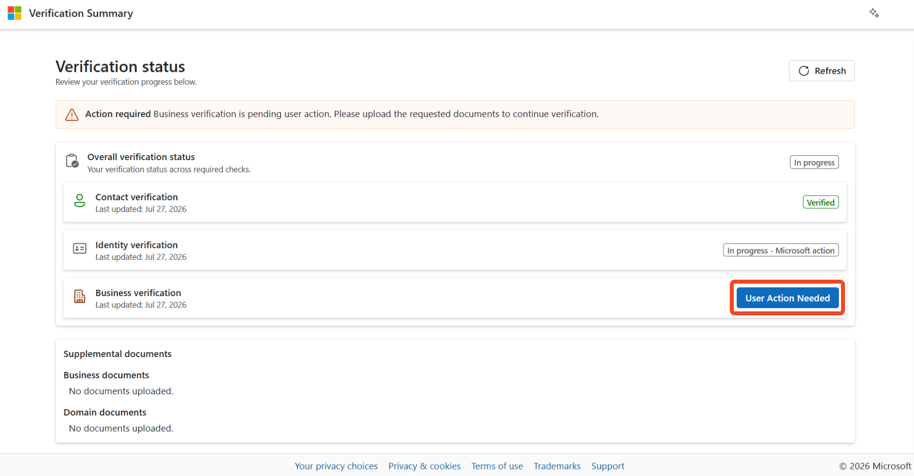 Screenshot showing the verification status on the updated Verification Summary page.