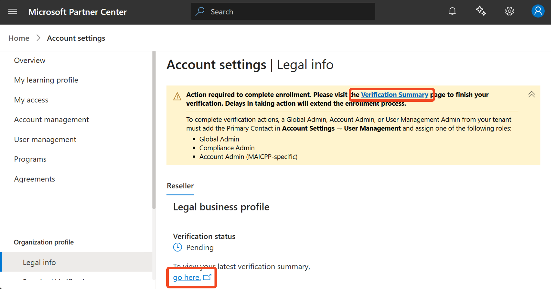Screenshot showing the Verification Summary link for the updated experience.