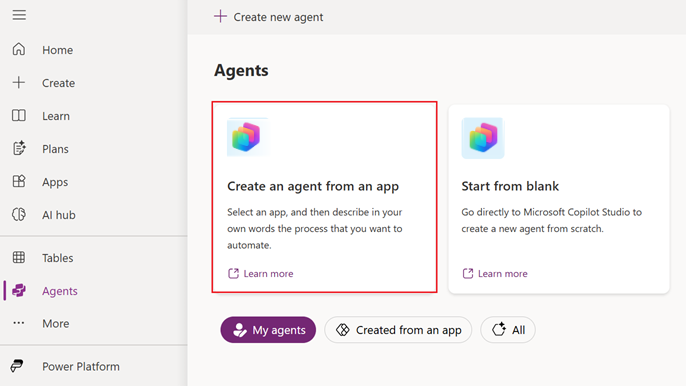 Screenshot of creating an agent from an app