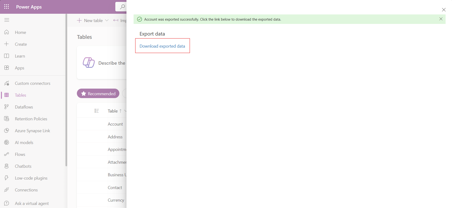 Sample export that shows successful export with a link to the downloadable file.