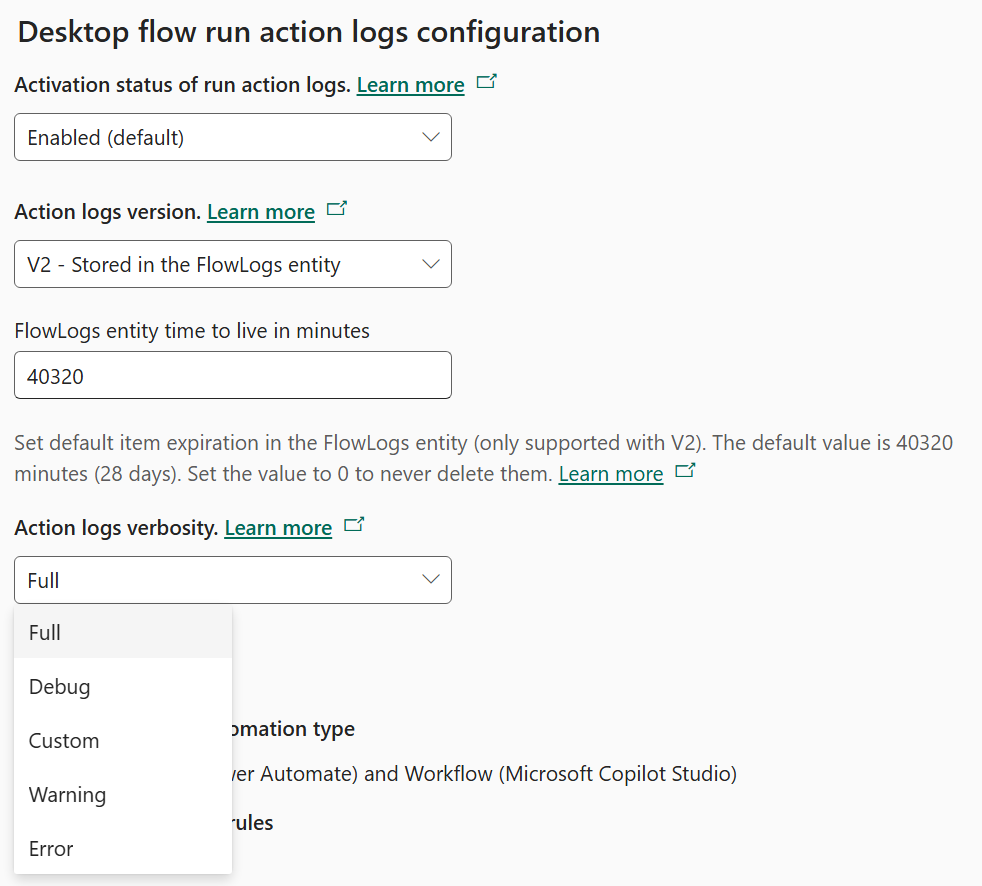 Locate the action logs verbosity setting in the environment's feature setting page.