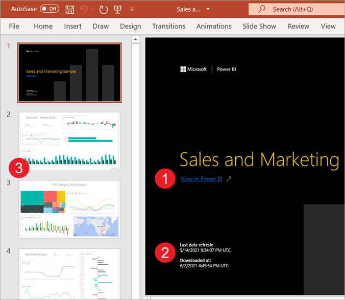 Screenshot of PowerPoint file opened with numbered elements highlighting key features.