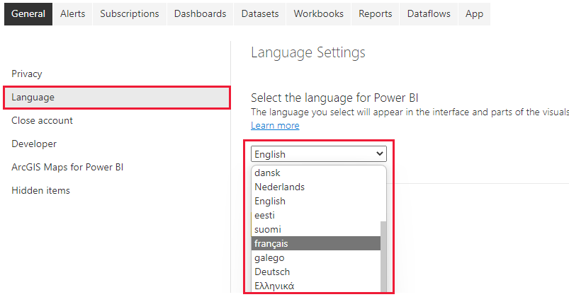 Screenshot of the general tab of Settings showing the language dropdown.