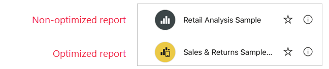 Screenshot of optimized report icon in the Power BI mobile apps.